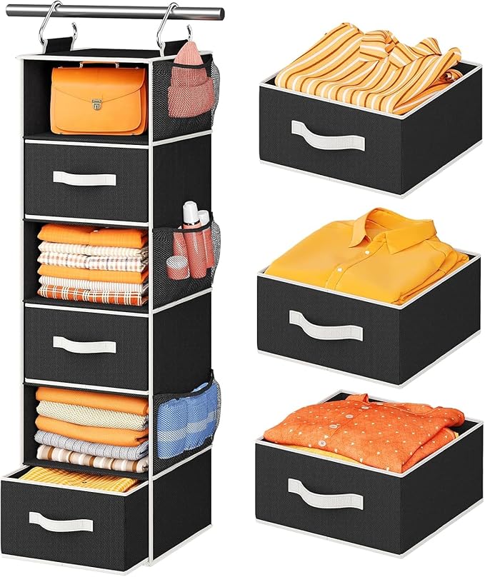 Pipishell Hanging Closet Organizer 6-Shelf, Hanging Shelves for Closet with 3 Removable Drawers & Side Pockets for Bedroom, G