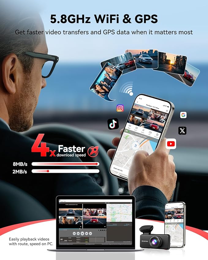 REDTIGER F17 Plus 4 Channel Dash Cam,STARVIS 2 IMX675, 360° Inside & Outside Recording, 2.7K Front + 1080P Cabin & Rear, 5.8G