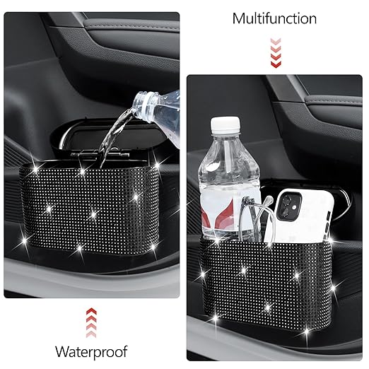 NBTEPEM Bling Car Trash Can with Lid - 2 Pack, Mini Auto Garbage Can with 60 Trash Bags, Automotive Garbage Container Bin, Bling Car Accessories Trash Can for Women (Black Diamond)