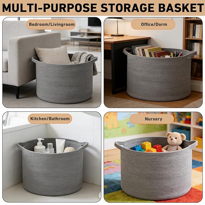 90L Extra Large Blanket Basket,Rope Woven Storage Basket with Handles, Laundry Hamper for Toys, Clothes, Pillows & Towels, Pe