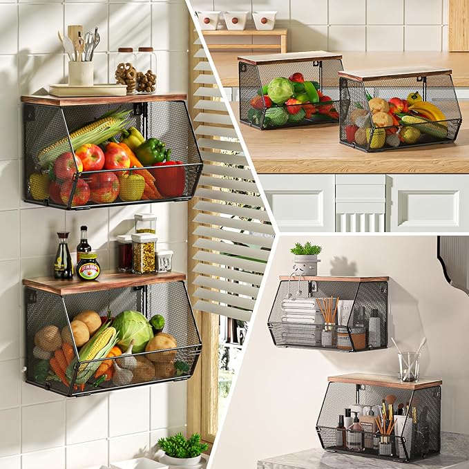 Stackable Fruit Basket for Kitchen Countertop Space Saving, Wall Mounted Mesh Metal Wire Baskets with Wood Lid Extra Storage,