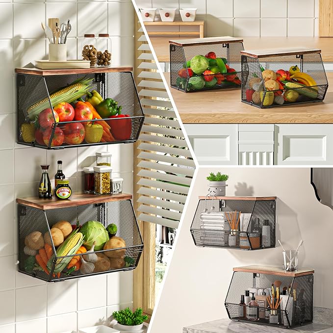 Stackable Fruit Basket for Kitchen Countertop Space Saving, Wall Mounted Mesh Metal Wire Basket with Wood Lid Extra Storage, 