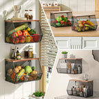 Litwaro Fruit Basket Wire Baskets with Wood Lid, Wall Mounted Produce Basket for Snack, Fruit and Vegetable Storage, Countert