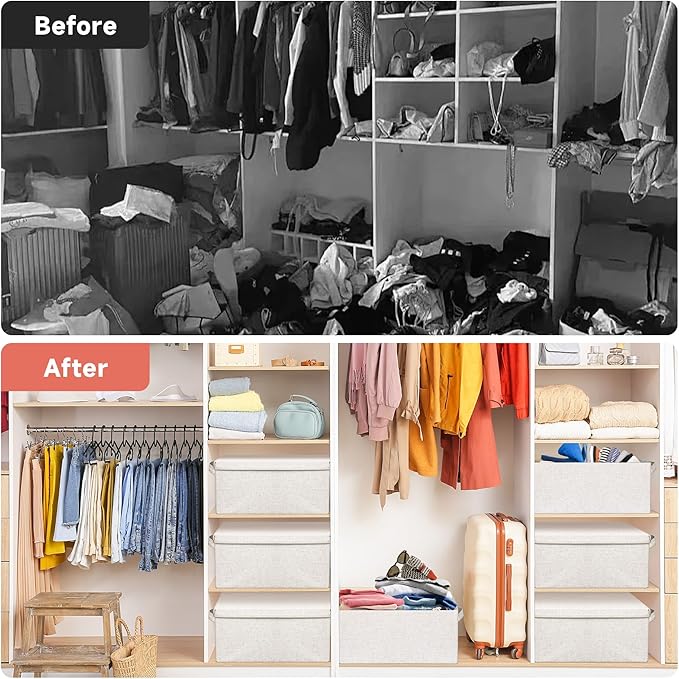 Large 17''x12'' Quart Collapsible Stackable Storage Bins with Lids, 6 Packs Off White Fabric Closet Boxes with Lids, Storage 