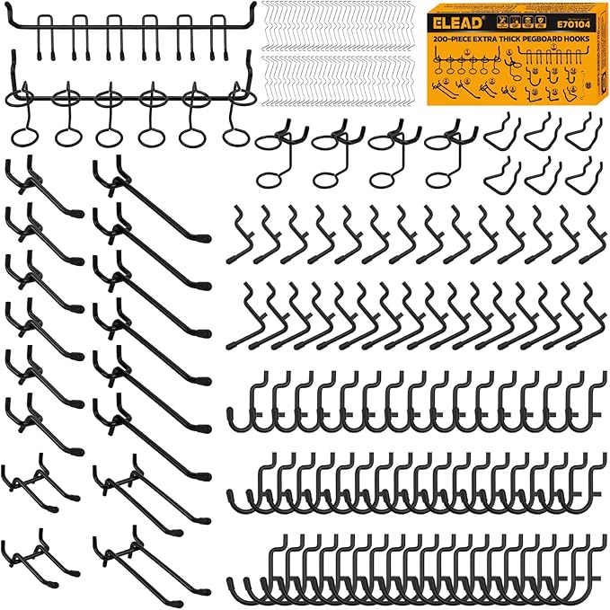 ELEAD 200-Piece Extra Thick Pegboard Hooks Set, 1/4" Heavy Duty Black Peg Board Organizer Accessories, Metal Pegboard Accesso