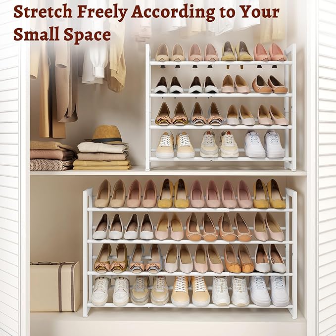 FAVOOSTY 4-Tier Expandable Shoe Rack, Adjustable Shoe Shelf Storage Organizer Space Saving Metal Free Standing Shoe Rack for 