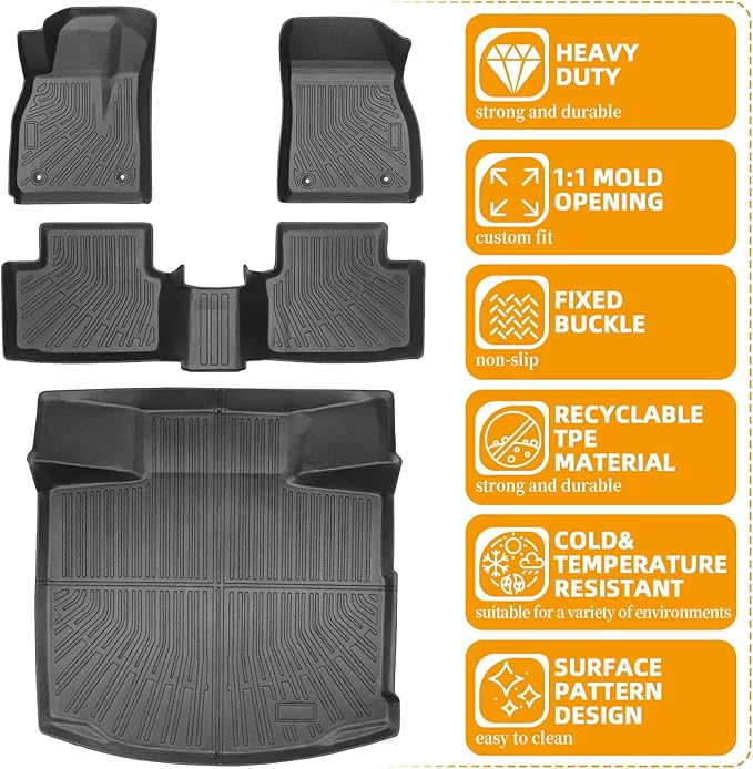 Floor Mats for Chevy Malibu 2013 2014 2015, Also for 2016 Chevrolet Malibu Limited, 8th gen Malibu Floor Mats for Malibu LS LT LTZ Eco, 1st & 2nd Row & Cargo Liner, TPE Anti-Slip Waterproof Duty