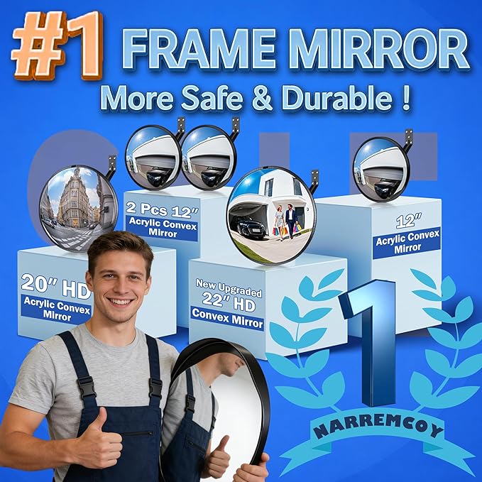 20" HD Acrylic Convex Mirror - 160 Adjustable Wide Angle View, Leather Frame & ABS Back, Blind Spot Mirror for Indoor/Outdoor Use in Garage, Warehouse, Driveway, Store & Office Security