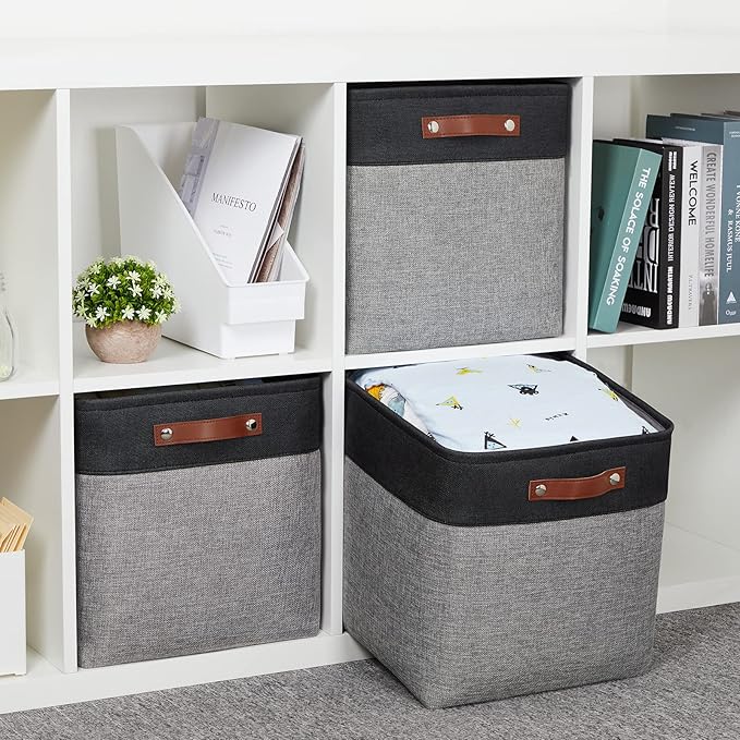 HNZIGE Storage Foldable Baskets Cubes Set(3 Pack) Fabric Bins for Shelves,13 Inch Storage Basket for Organizing with Leather 
