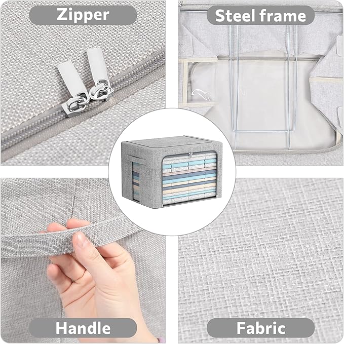 FHSQX 2 Pack Clear Window Storage Bins - Large Stackable Linen Fabric Storage for Clothes Foldable Container Organizer Set wi