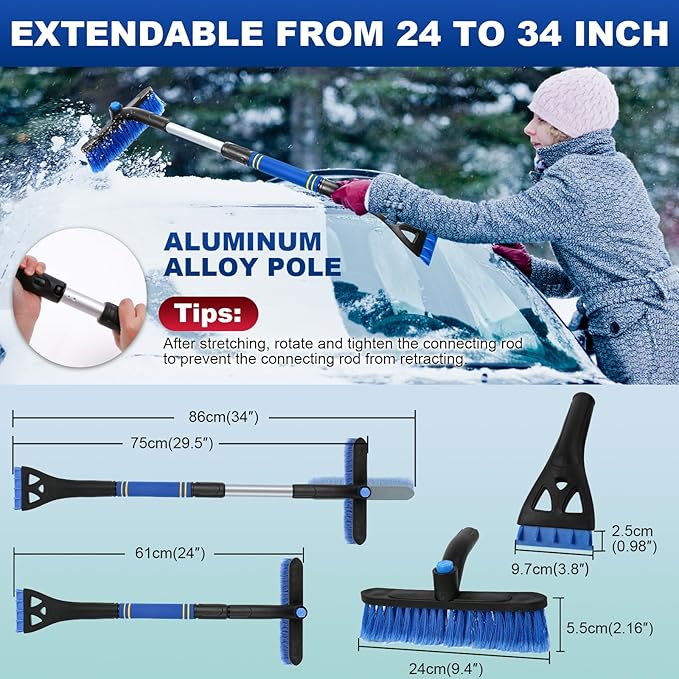 BFONS 2PCS Ice Scrapers for Car Windshield, 2-in-1 Snow Scraper and Snow Brush for Car SUV Truck, Car Ice Windshield Scraper for Ice and Snow with 360° Pivoting Brush and Ergonomic Foam Grip Blue