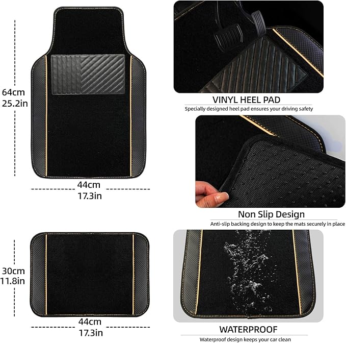 NBTEPEM Waterproof Universal Fit Car Floor Mats, Faux Leather Sporty Car Carpet Mats with Anti-Slip Nibbs Backing & Driver Heel Pad Fit for SUV, Vans, Sedans, Trucks, Set of 4 (Black with Beige line)