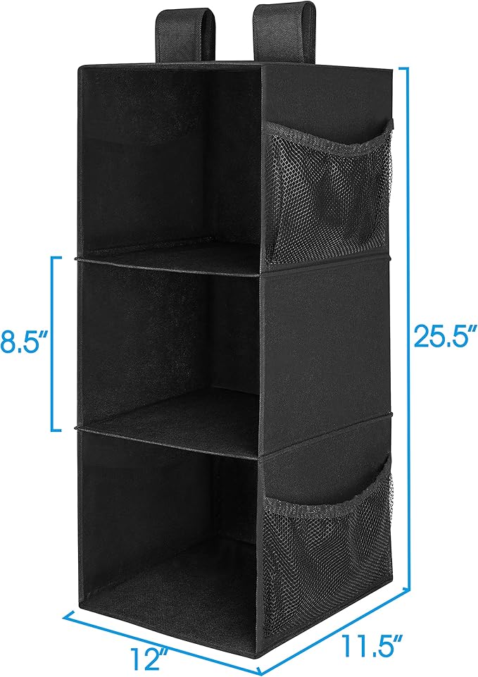 MAX Houser 3-Shelf Hanging Closet Organizer, Hanging Sweater Organizer, Foldable Hanging Shelves for Closet with 2 Velcro, Bl