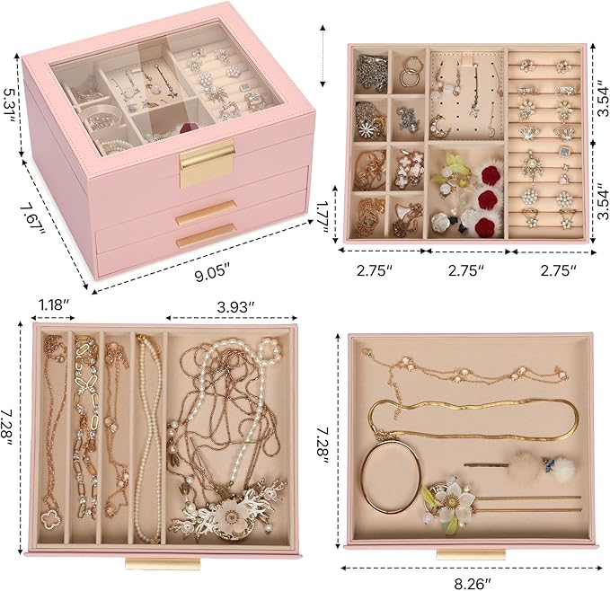 3-Layer Jewelry Box for Women, Jewelry Organizer with Glass Lid and Drawers, Jewelry Organizers and Storage for Necklaces, Ri