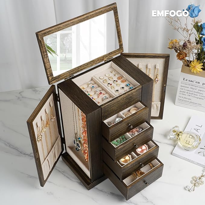Emfogo Jewelry Box for Women, 5 Layer Large Wood Jewelry Boxes & Organizers for Necklaces Earrings Rings Bracelets, Rustic Je