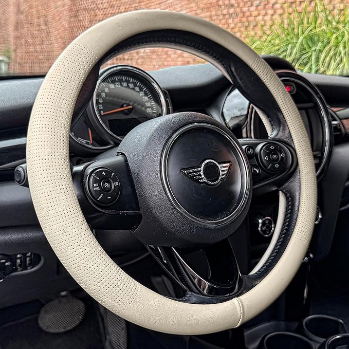 PINCTROT Nappa Leather Steering Wheel Cover, Slim Fit No Bulk Design, One Piece Leather with Breathable Perforation, Fit Like