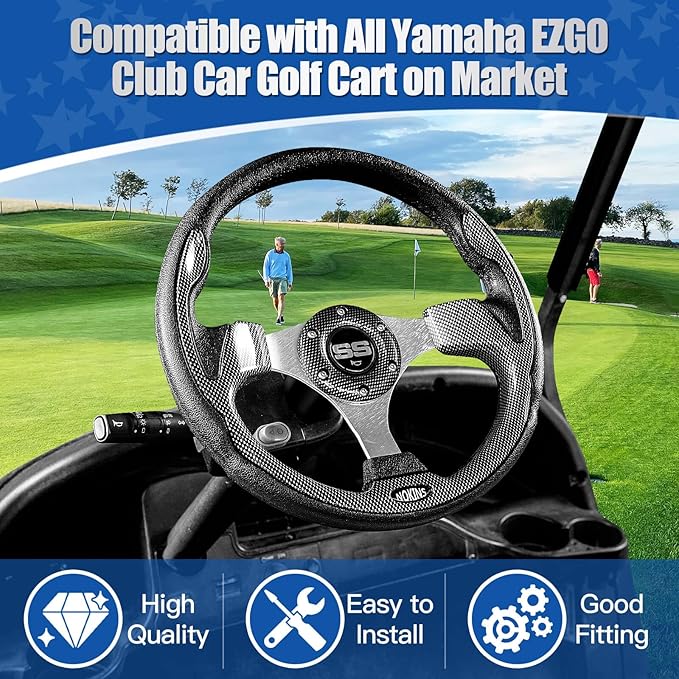 NOKINS 12.5" Universal Golf Cart Steering Wheel, Fit EZGO TXT/RXV/Club Car DS/Precedent/Yamaha, Most Golf Carts (Carbon Fiber Black)