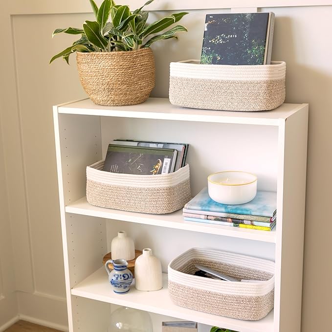 NaturalCozy 13.5”x8.5”x5.5” Storage Baskets for Shelves 3 Pack | Cotton Rope Woven Small Baskets for Organizing | Small Stora