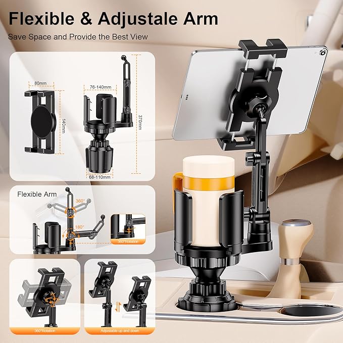Tablet Holder for Car, 3 in 1 Cup Holder ipad Car Mount with Expander, Adjustable Base and Long Arm with 360°Rotation Phone ipad Holder Compatible for 4-12.9‘’ Tablet, All Smartphones and Most Bottles