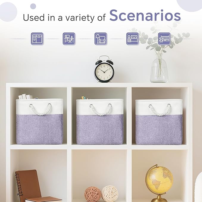 FinishingBo Large 11x11 Inch Cube Storage Bins with Cotton Handles for Closet, Shelves, Clothes, Towel (White/Purple-6 Pack)