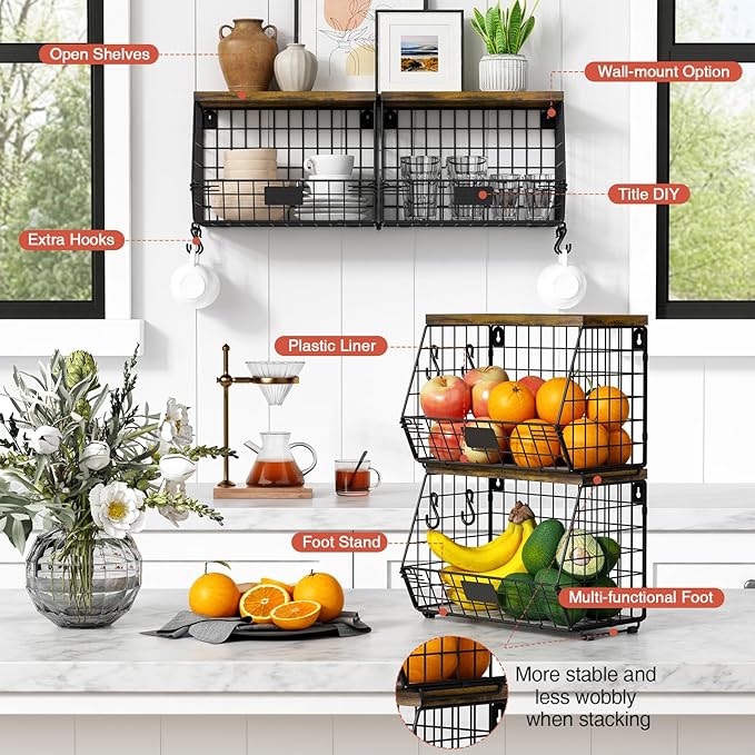 Goozii Hanging Wall Fruit Basket for Kitchen Counter 2 Pack, Stackable Wire Baskets for Organizing with Wood Lid, Potato and 