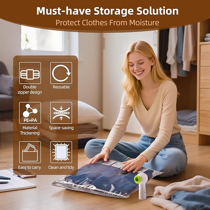 12 Pack Vacuum Bags for Travel with Rechargeable Air Pump & LED Light,Vacuum Travel Bags,Vacuum Storage Bags(4L+4M+4S),80% Sp