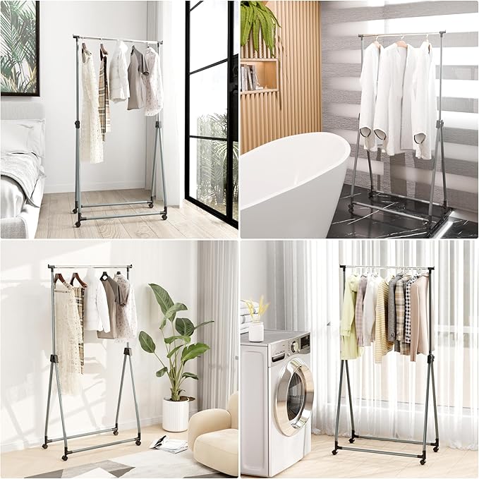 Whitmor Foldable Garment Rack - Rolling Clothes Rack - Adjustable Height Garment Rack, Heavy Duty Foldable Clothes Rack with 
