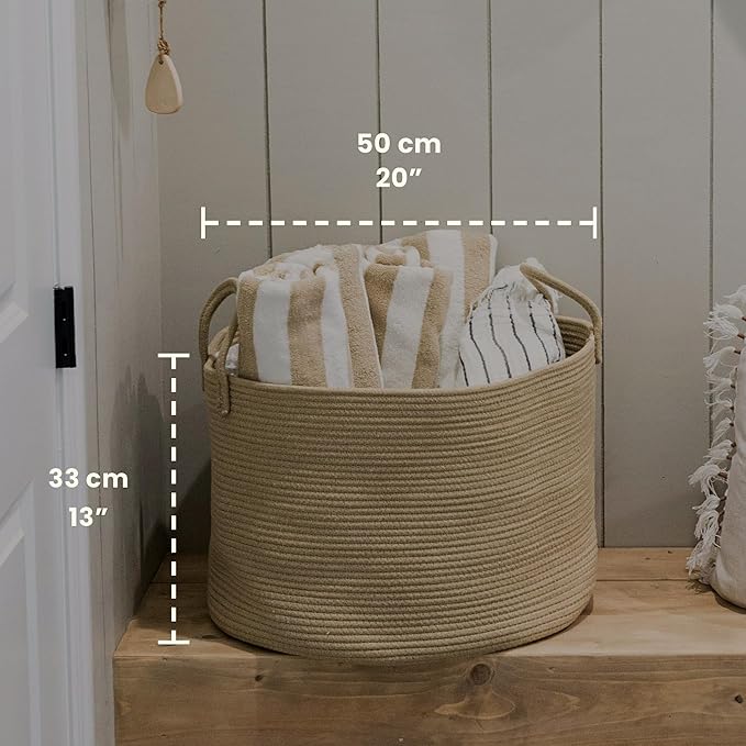 OrganiHaus Large Woven Storage Basket for Blankets and Toys 20" x 13" Inch, Rope Laundry Basket with Handles, Cushions & Pill