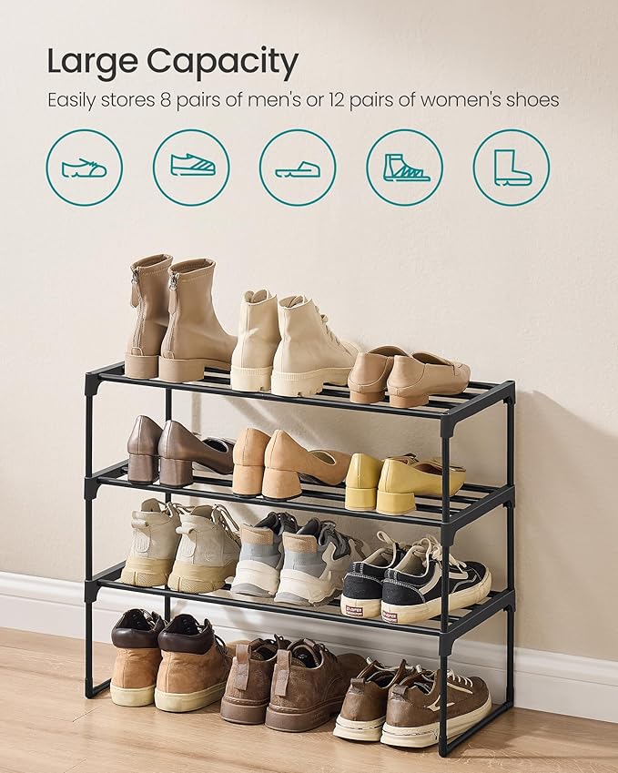 SONGMICS Shoe Rack, 3-Tier Shoe Organizer, Metal Storage Shelf, Upright or Upside Down, for 8-12 Pairs, Stackable, for Entryw