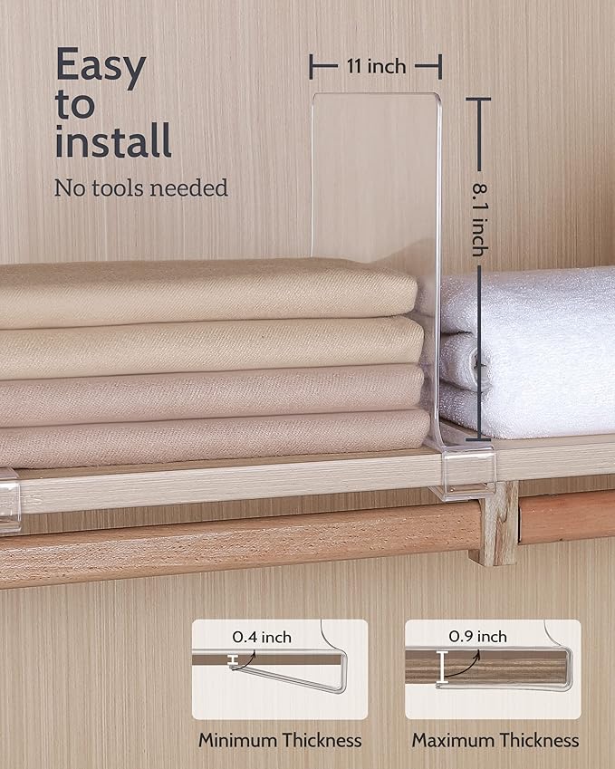 Clear Acrylic Shelf Dividers, Closet Shelf Divider and Closet Separator for Organization in Bedroom, Kitchen and Office Plast