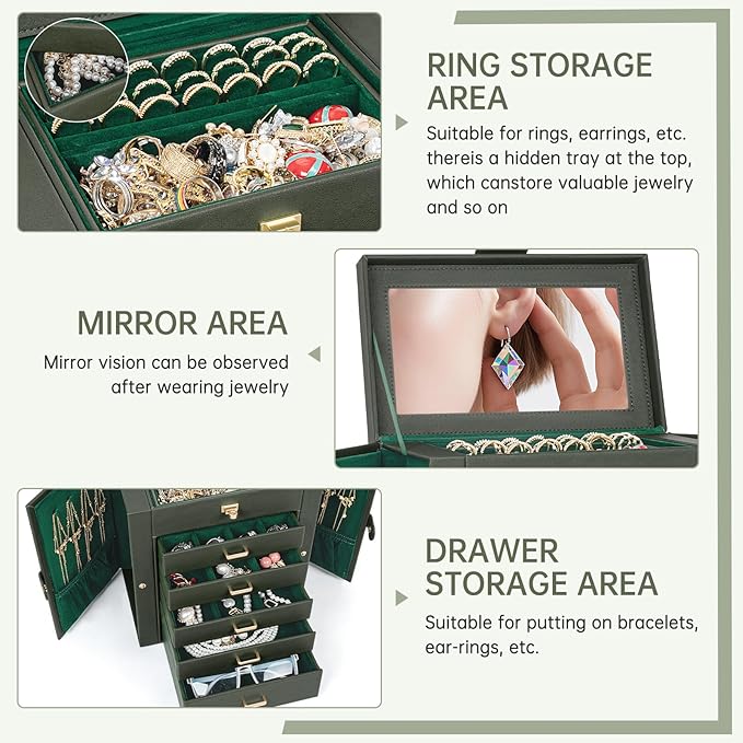 AKOZLIN 6-Tier Jewelry Box Organizer Functional 5 Drawers Leather Jewelry Storage Case for Women Girls Ring Necklace Earring 