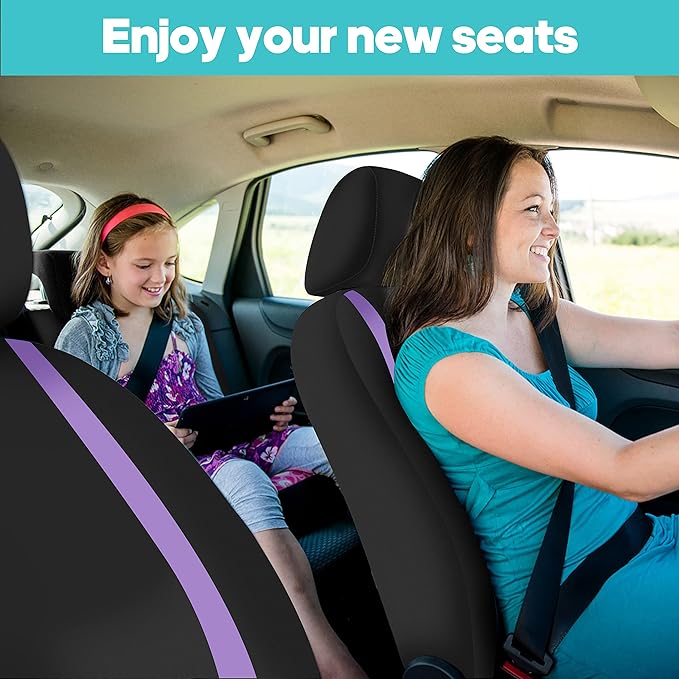 FH Group Unique Flat Cloth Full Set Car Seat Covers w. Silicone Steering Wheel Cover- Universal Fit for Most Cars, Trucks, SUVs or Vans (Purple/Black)
