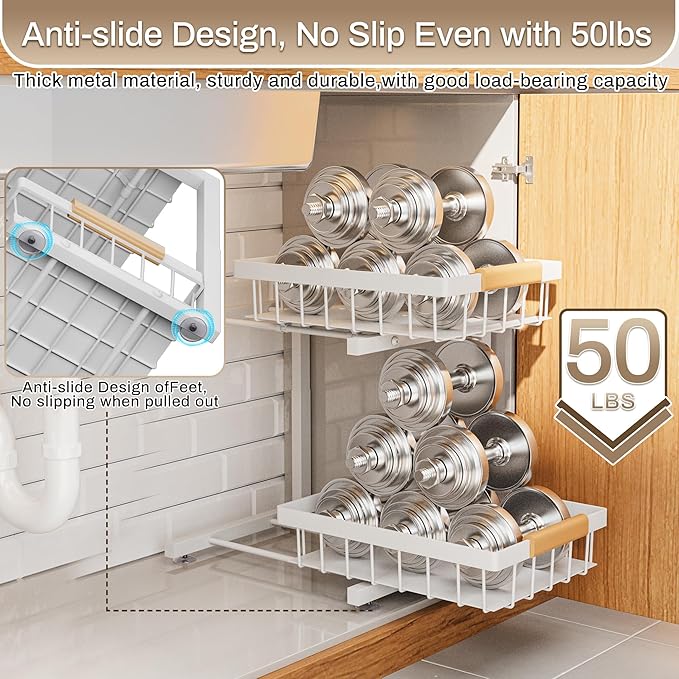 ADBIU Under Sink Organizer 2 Pack, Adjustable Height (11"-15.75") Under Cabinet Storage, 2 Tier Pull Out Sliding Drawers for 