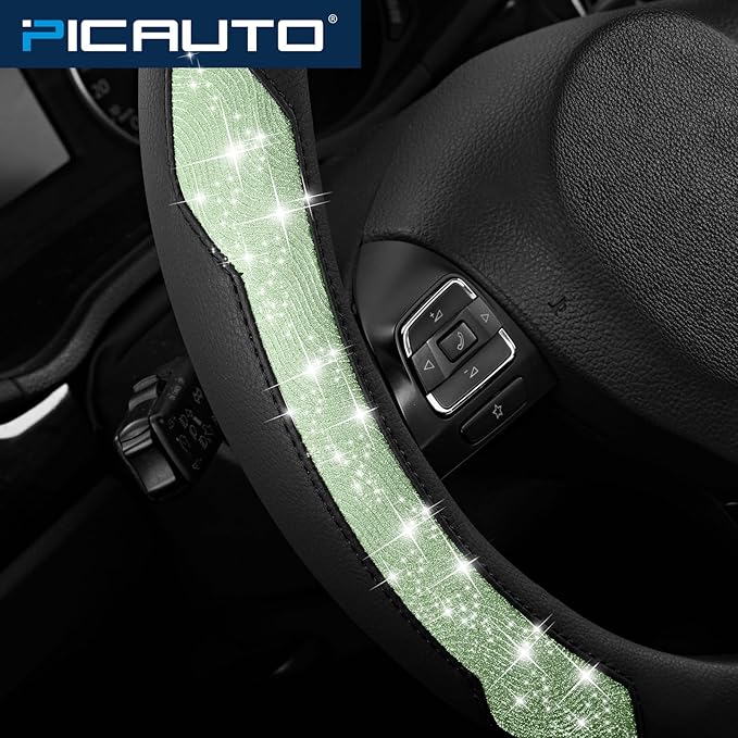 PIC AUTO Steering Wheel Cover, Green Sparkly Crystal Bling Glitter with Leather, Universal Fit 14.5"-15.5" Car Steering Wheel