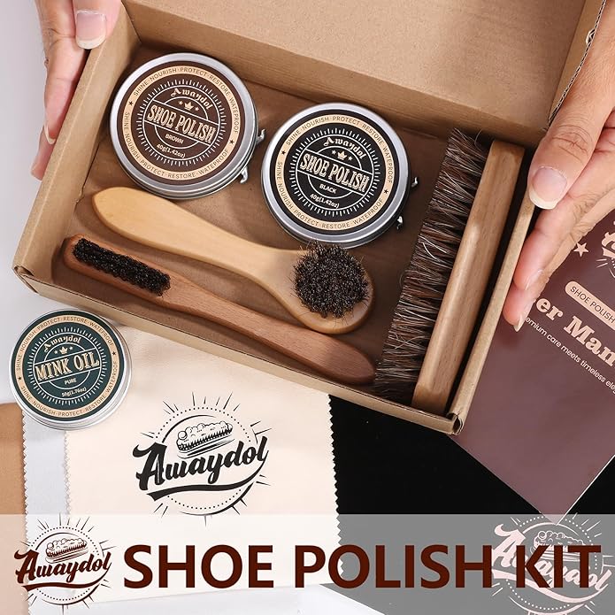 10 PCS Shoe Polish Kit - Horsehair Brushes, Black Brown Neutral Polish,Mink Oil Conditioner for Shoes,Polishing Cloth, Leathe