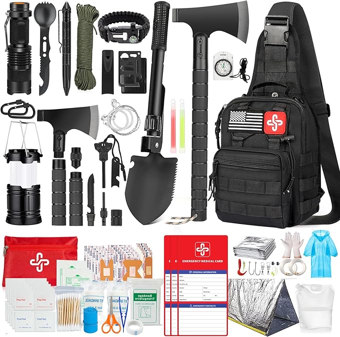Survival Kit, 262Pcs Survival Gear and Supplies with First Aid Kit Pouch and Crossbody Bag, Emergency Kit with Tent, Camping 