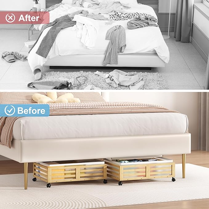 Under Bed Storage with Wheels-Large Bamboo Underbed storage Containers with Large Dust Bag Stackable Under the Bed Shoe Stora