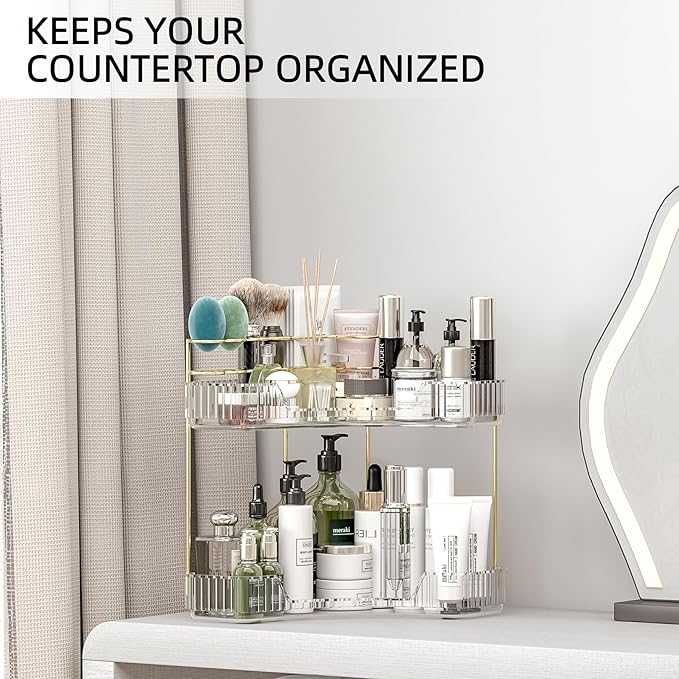 Makeup Organizer Countertop 2 Tier, Corner Bathroom Countertop Organizer with Toothbrush and Makeup Brush Holder, Corner Vani