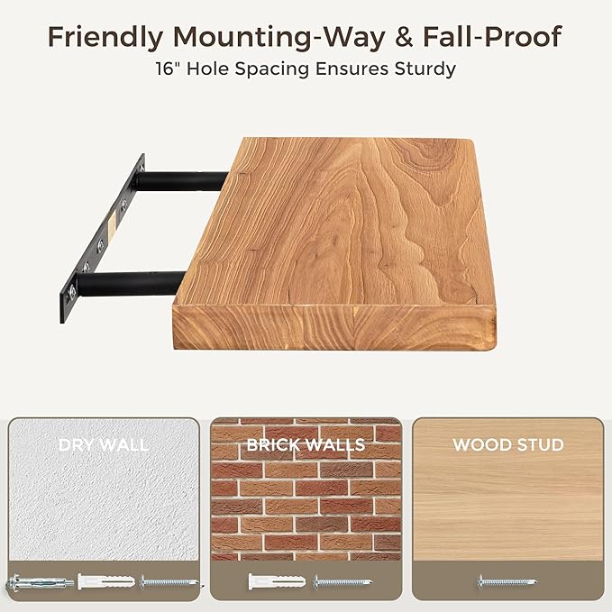 Fun Memories 24 Inch Floating Shelves, Solid Elm Wood Wall Shelf for Home Decor, Rustic Bathroom Shelves Set of 2, Heavy-Duty