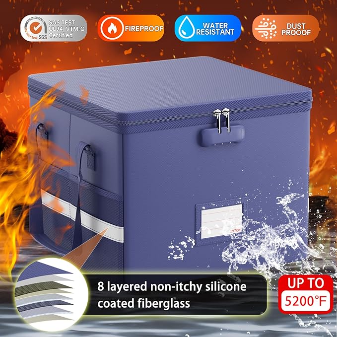 ENGPOW 5200°F File Box Fireproof Document Box with Lock,Heat Insulated Collapsible File Storage Organizer Box with Handle,Por