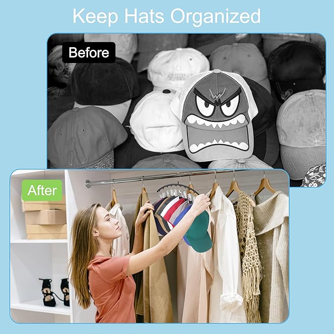 Hat Hangers for Closet, Metal 1 Pack Hat Organizer Holder for Hanger Closet Display, Hat Racks for Baseball Caps w/10 Clips, 