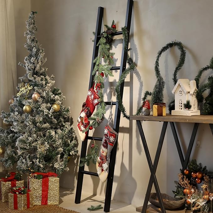 FUIN 6ft Wooden Black Blanket Ladder Living Room Decorative Wall Leaning Farmhouse Quilt Display Holder Rustic Wood Towel Rac