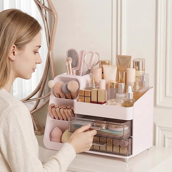 Large Capacity Makeup Organizer Countertop with Makeup Brush Holder for Vanity, Thickened Material, Bathroom Countertop Organ