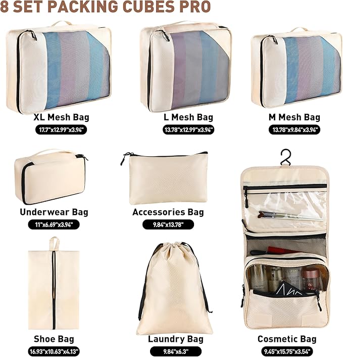 Toncoke 8-Piece Packing Cubes for Travel, Mesh Luggage Organizers with Shoe Bag, Toiletry Bag, Laundry Pouches, 4 Sizes (XL/L