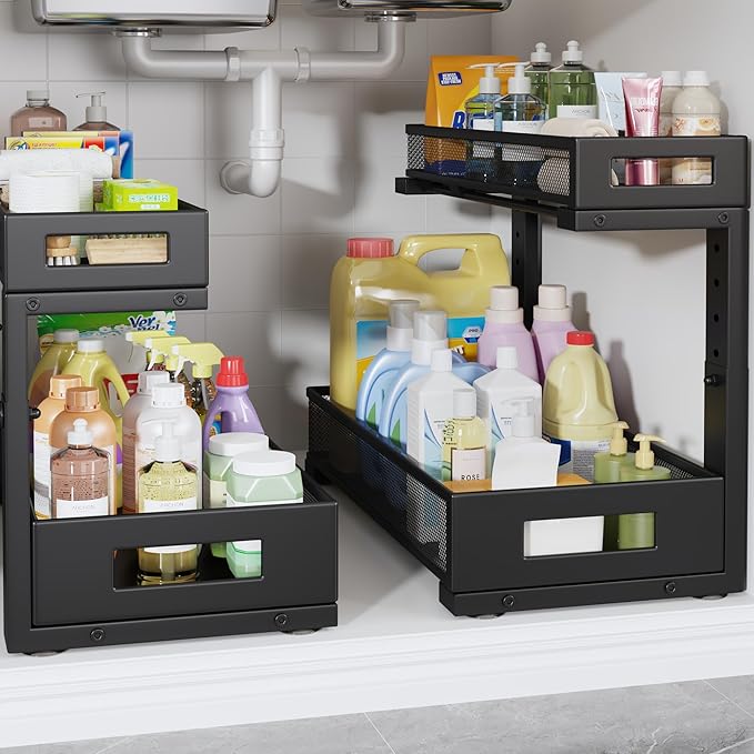2 Pack 17IN Depth Under Sink Storage Organizer, Large 2-Tier Elegant Mesh Pull Out Shelf for Kitchen and Bathroom Cabinet Org