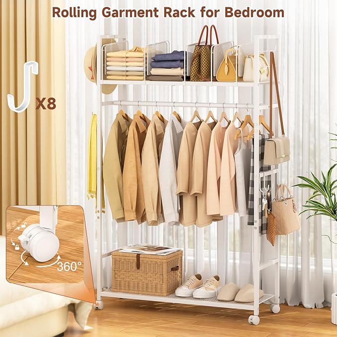 Portable Clothes Rack with Adjustable Shelf Divider, Freestanding Closet Organizers and Storage, Garment Rack and Purse Stora