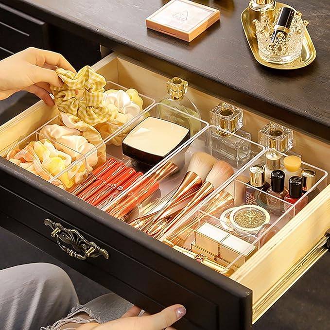 JessLab Acrylic Organizer, 2PK Cube Sections Makeup Organizer for Drawer, Makeup Organizer for Vanity, Countertop, Bathroom, 