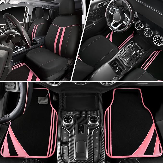 CAR PASS Car Seat Covers Full Set for Women Girls with Waterproof Car Floor Mats,Anti-Slip Leather Steering Wheel Cover,Unive