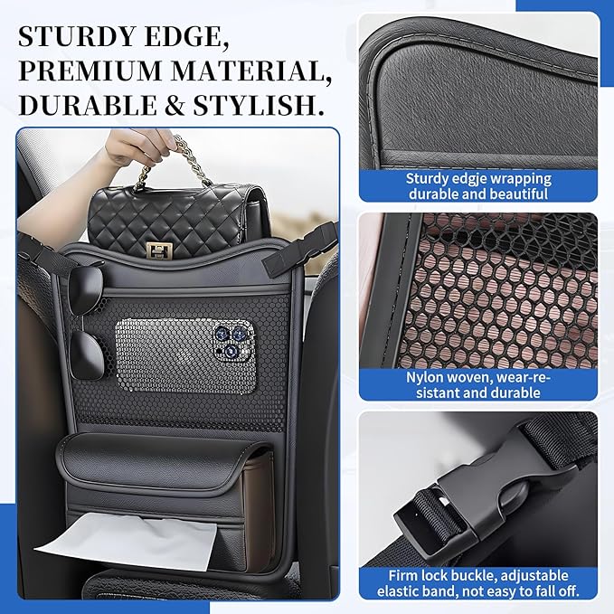 Car Back Seat Organizer with Double-Sided Storage & Tissue Holder, Universal Car Seat Gap Organizer & Car Storage Organizer, Fit for Sedans, SUVs, Trucks & Most Vehicles