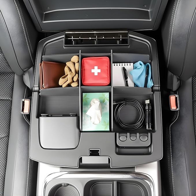 Vehicle OCD - Upper Center Console Organizer for Dodge RAM 1500 (2009-18) and RAM 2500/3500 (2010-18) (Leather Wrapped Console armrest - Full Console w/Bucket Seats ONLY) - Made in USA - SLX135